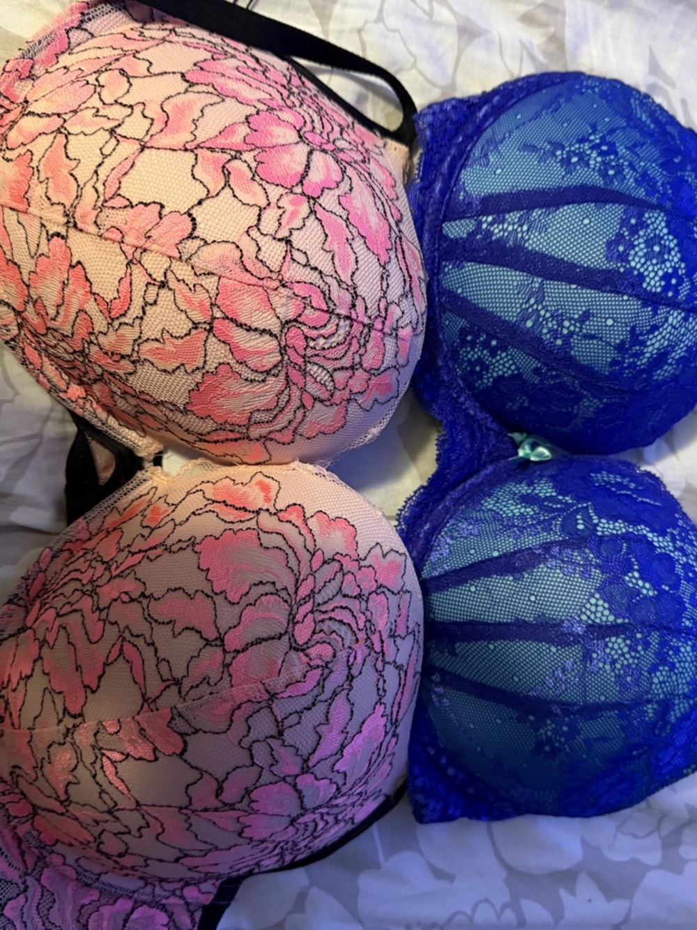 Candie's Two-Tone Lace Push-Up Bra Set in Pink and Blue